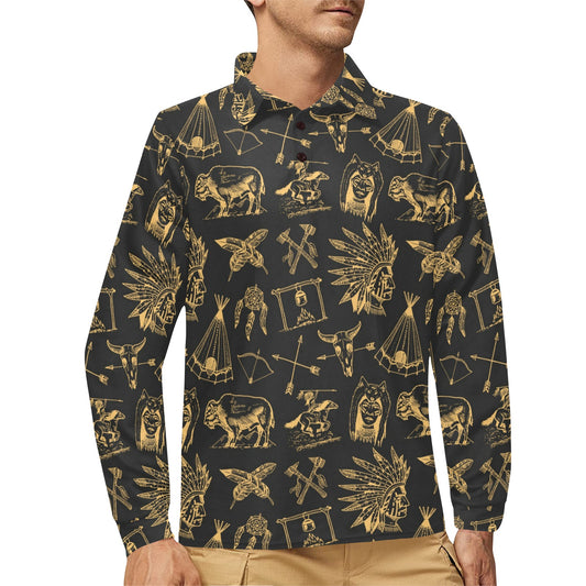 American indian Gold Style Long Sleeve Polo Shirt For Men's