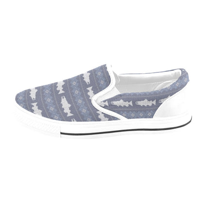 Salmon Fish Knit Style Print Design LKS304 White Slip Ons Canvas Women's Shoes