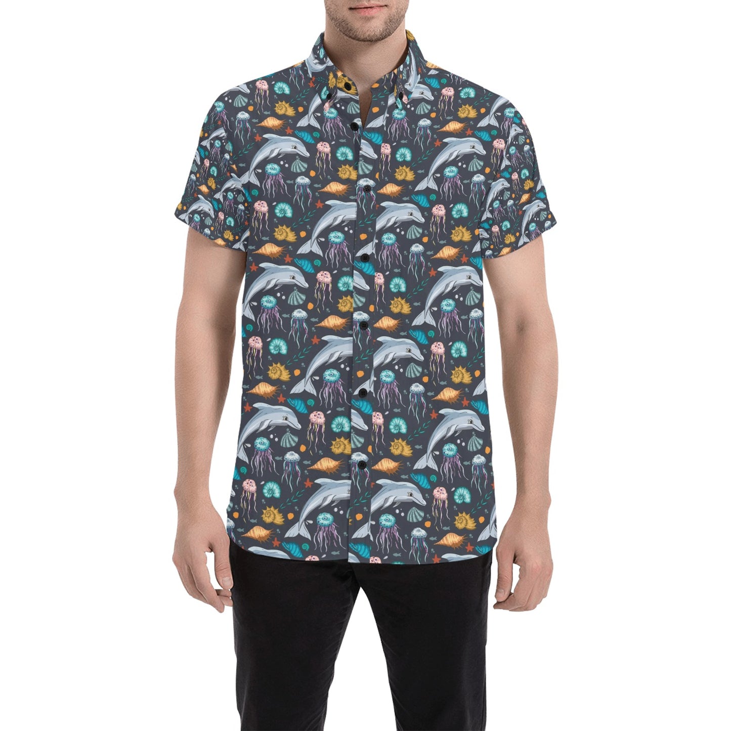 Underwater Dolphin Print Design LKS304 Men Short Sleeve Button Up Shirt