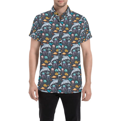 Underwater Dolphin Print Design LKS304 Men Short Sleeve Button Up Shirt