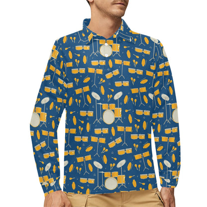 Drum Set Pattern Print Design 03 Long Sleeve Polo Shirt For Men's