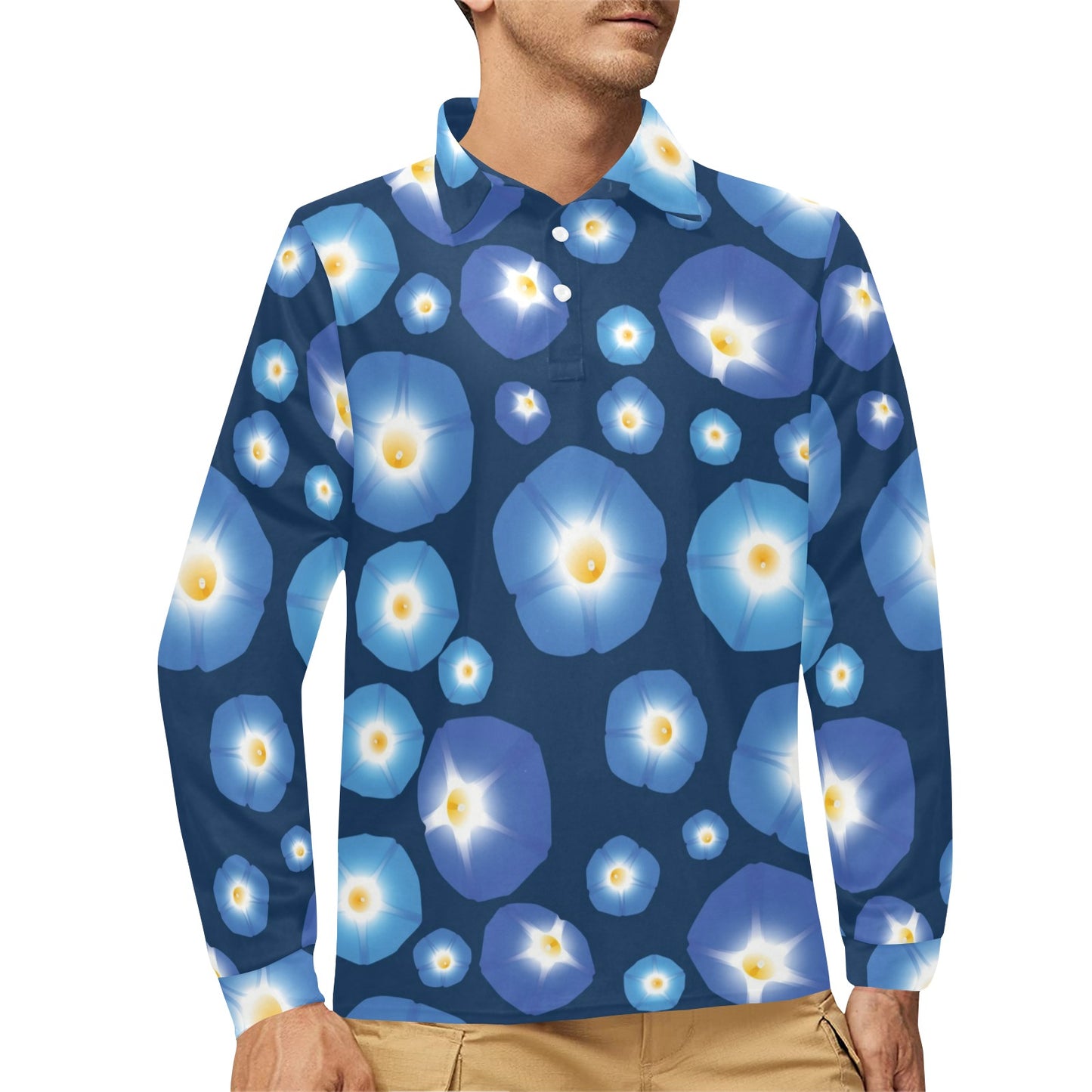 Morning Glory Pattern Print Design 02 Long Sleeve Polo Shirt For Men's