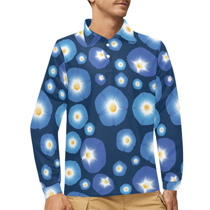 Morning Glory Pattern Print Design 02 Long Sleeve Polo Shirt For Men's