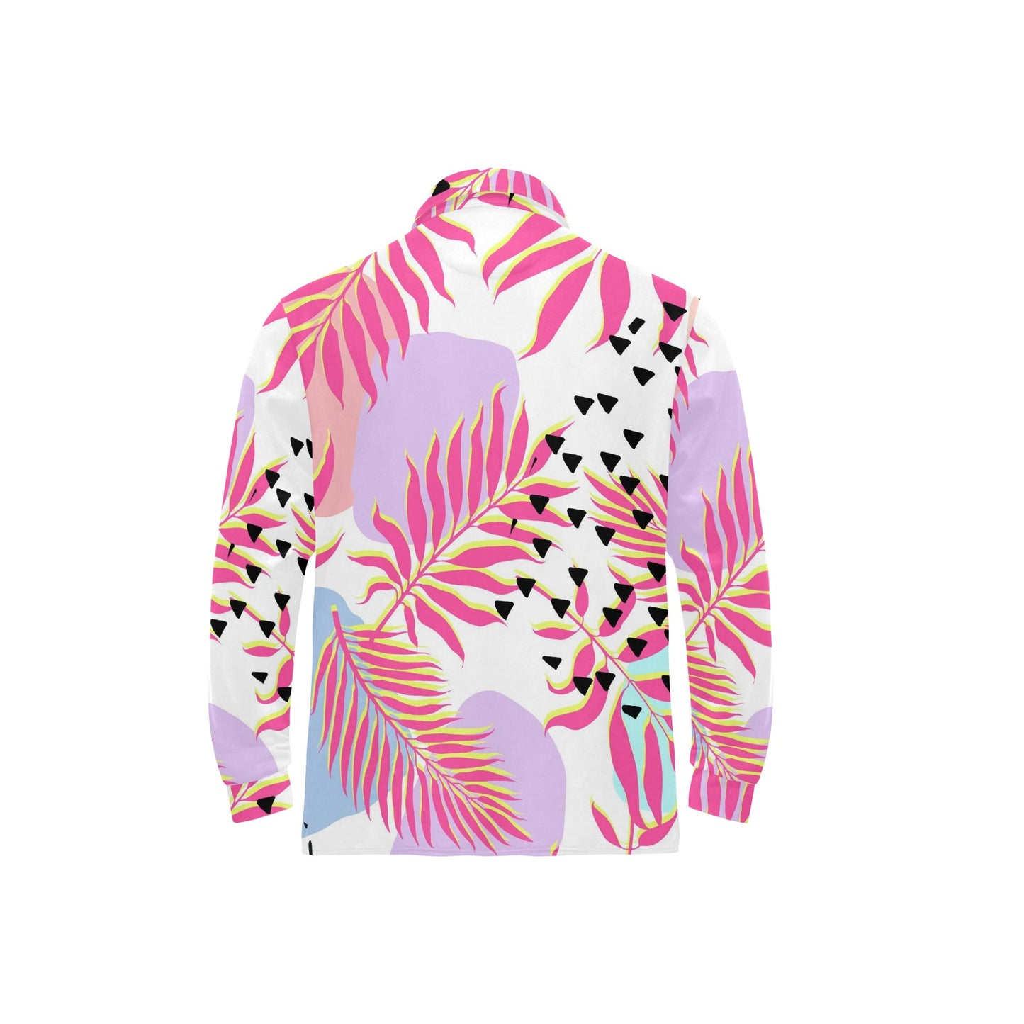 Pink Tropical Palm Leaves Long Sleeve Polo Shirt For Men's