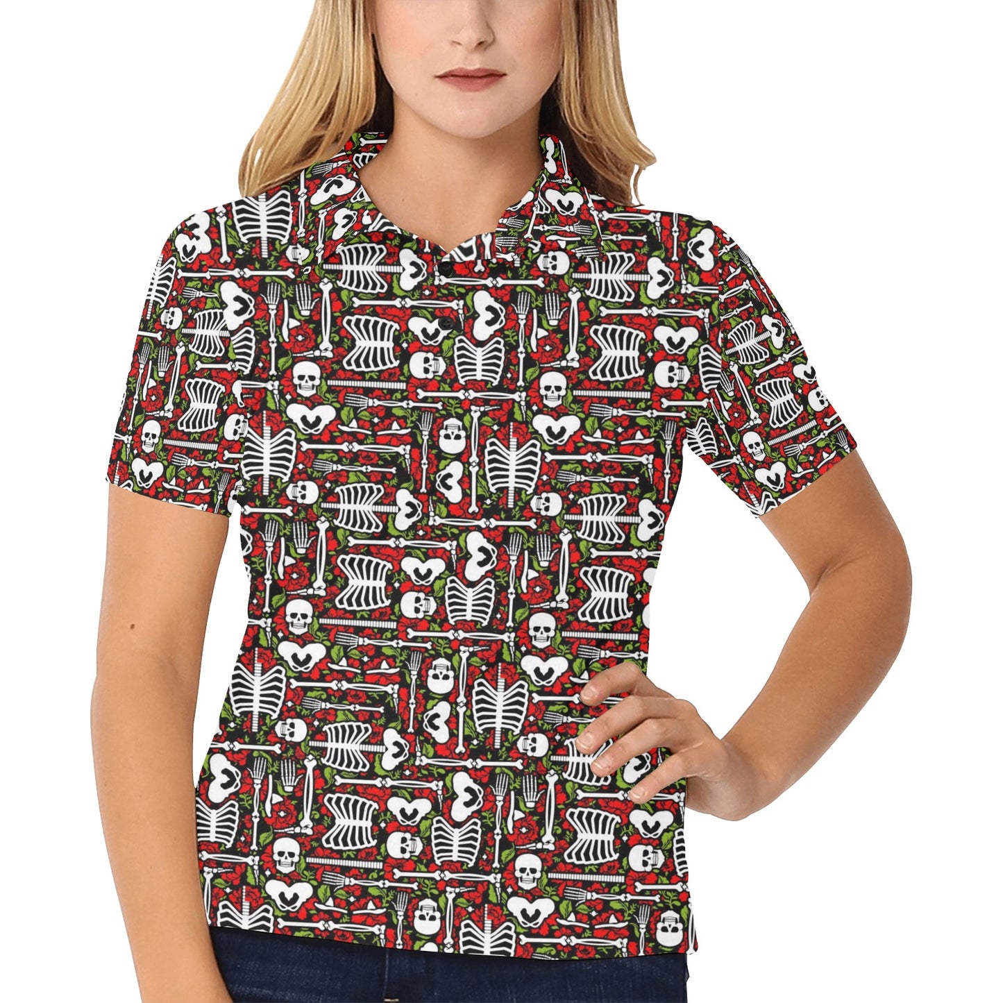 Skeleton Pattern Print Women's Polo Shirt