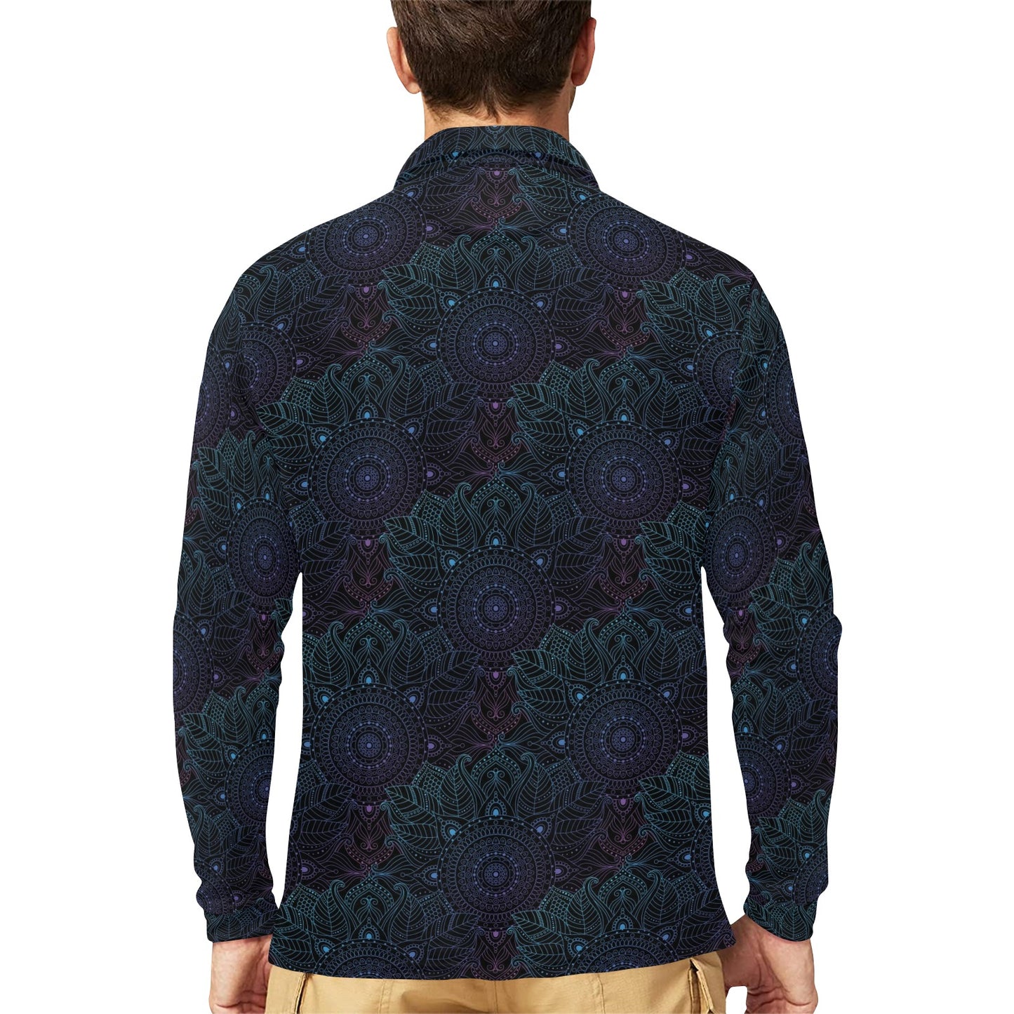Boho Floral Mandala Long Sleeve Polo Shirt For Men's
