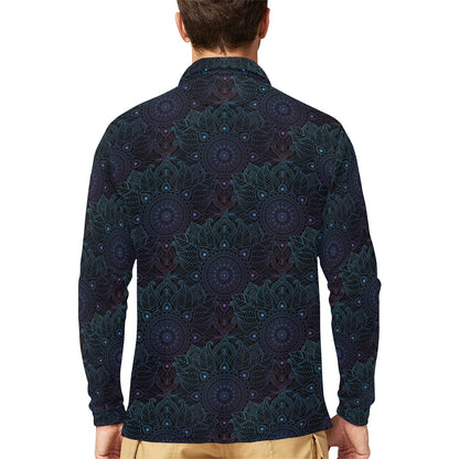 Boho Floral Mandala Long Sleeve Polo Shirt For Men's