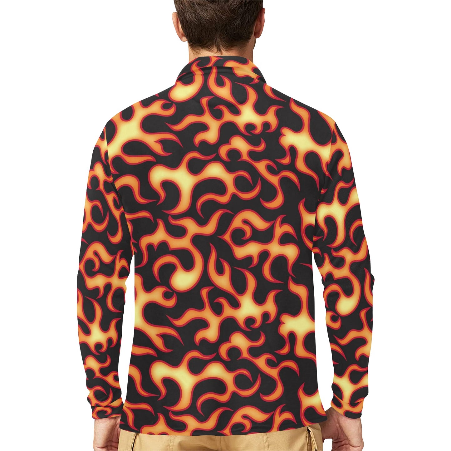 Flame Fire Themed Print Long Sleeve Polo Shirt For Men's