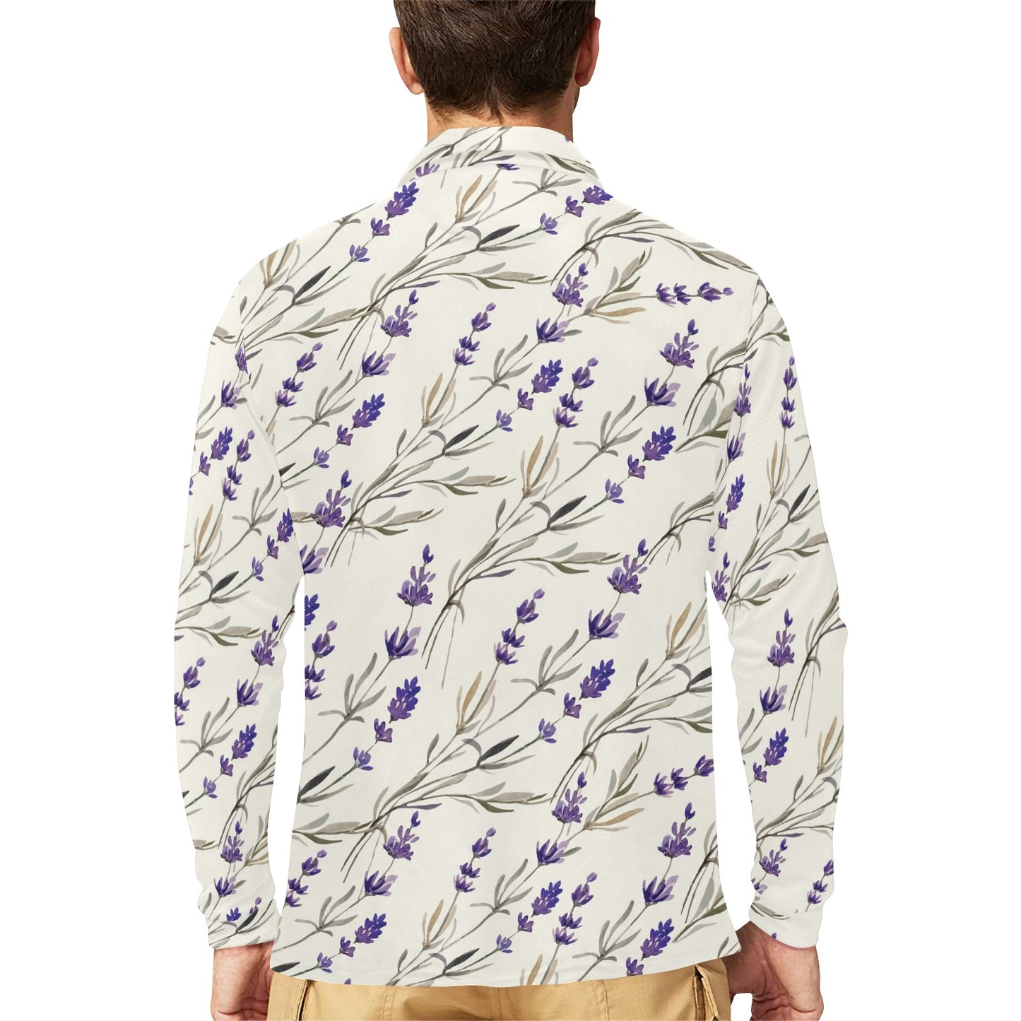 Lavender Pattern Print Design 01 Long Sleeve Polo Shirt For Men's