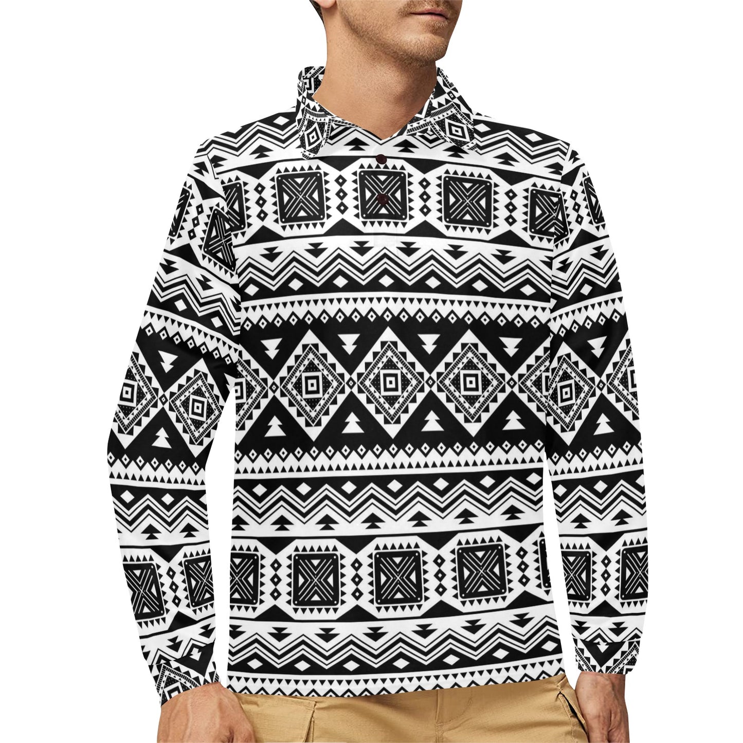 Aztec Pattern Print Design 08 Long Sleeve Polo Shirt For Men's