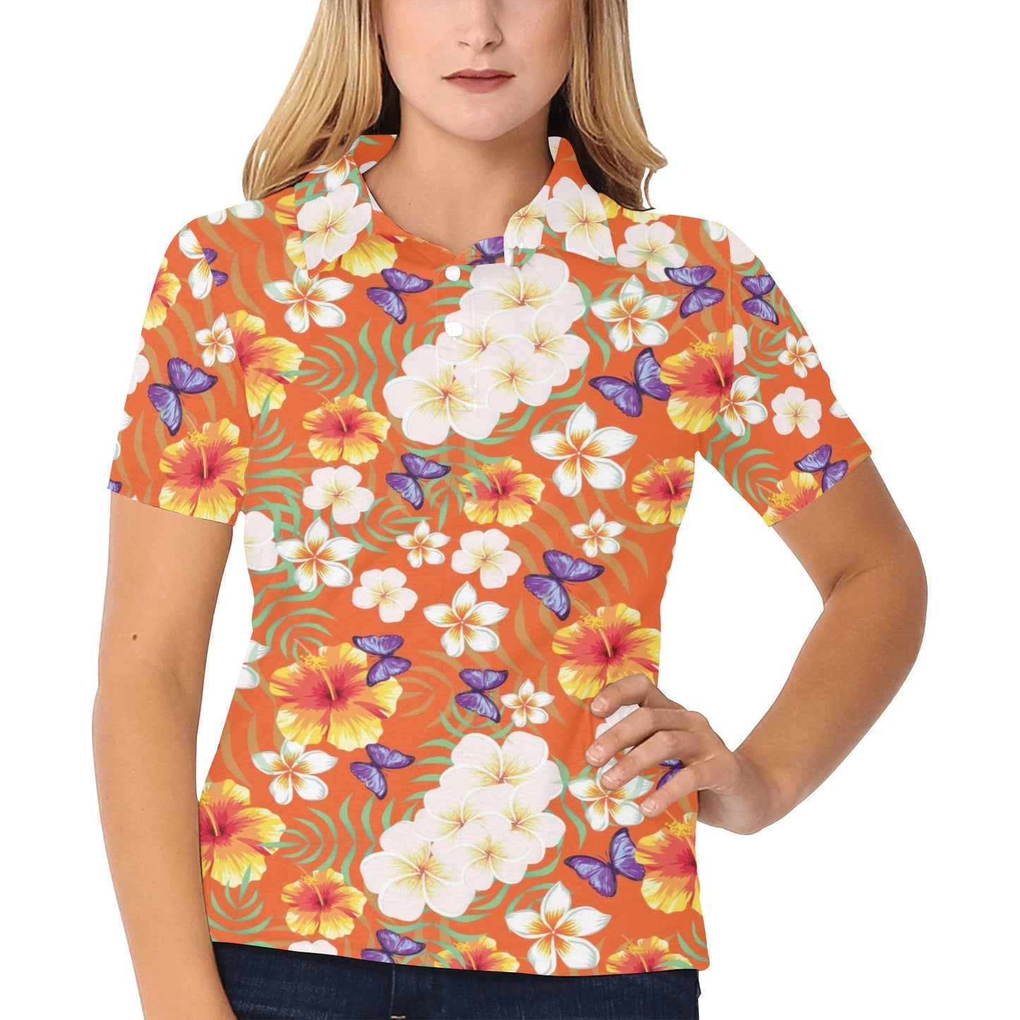 Tropical Flower Pattern Print Design TF027 Women's Polo Shirt