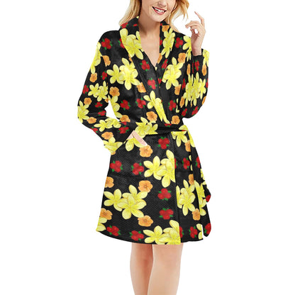 Yellow Plumeria Pattern Print Design PM04 Women's Fleece Robe
