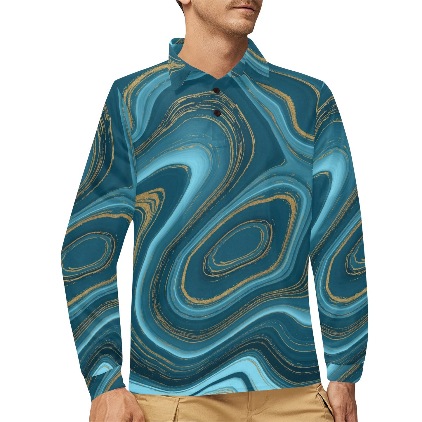 Liquid Pattern Print Design 04 Long Sleeve Polo Shirt For Men's