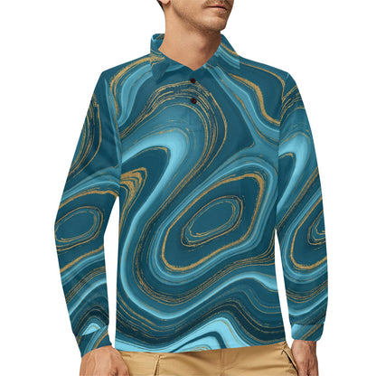 Liquid Pattern Print Design 04 Long Sleeve Polo Shirt For Men's