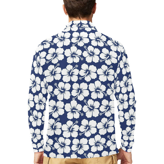 Hibiscus Pattern Print Design HB013 Long Sleeve Polo Shirt For Men's
