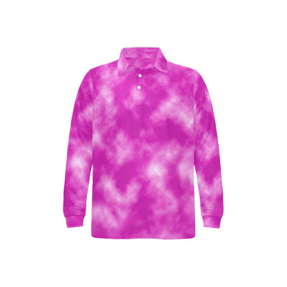 Tie Dye Pink Design Print Long Sleeve Polo Shirt For Men's