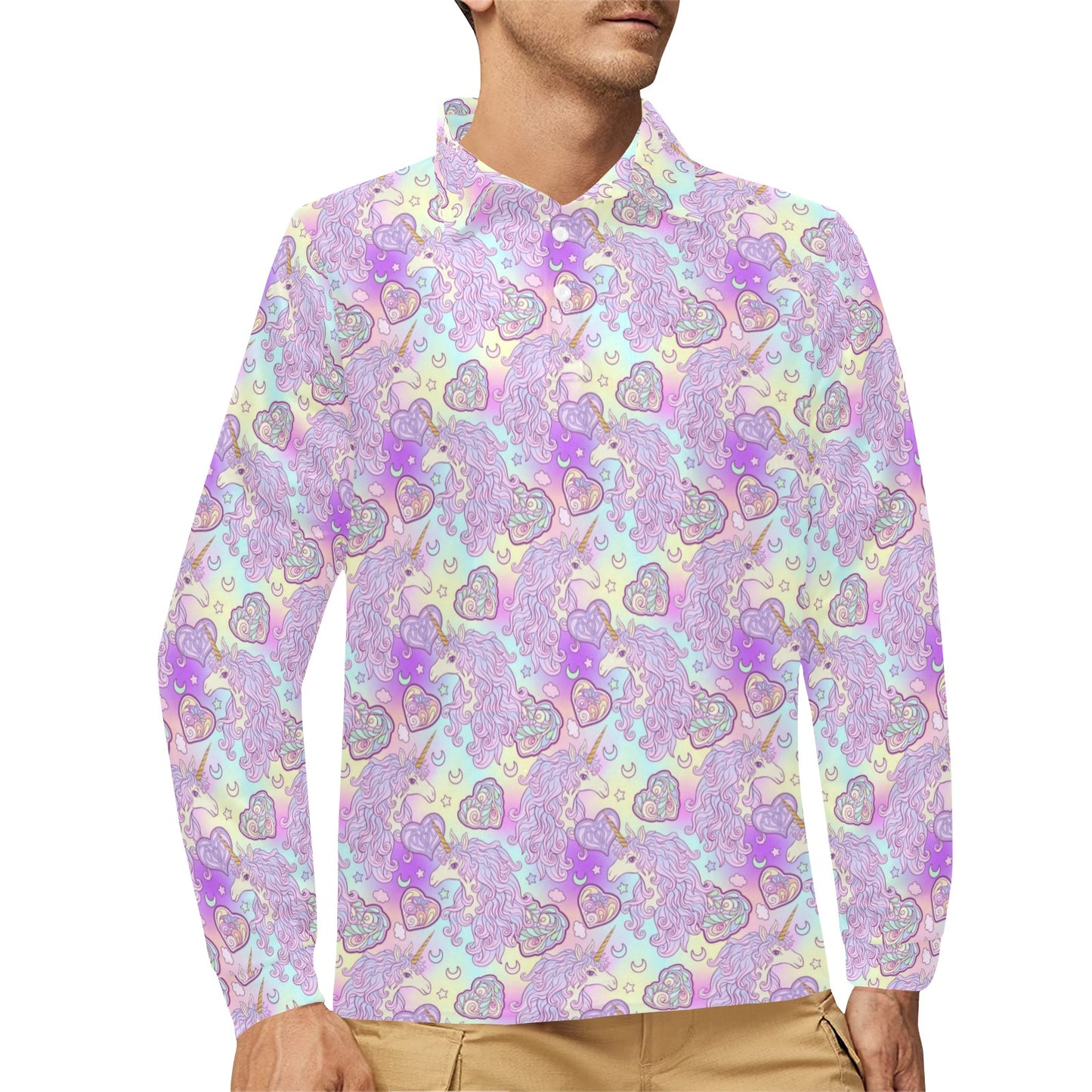 Unicorn Rainbow Star Heart Print Long Sleeve Polo Shirt For Men's