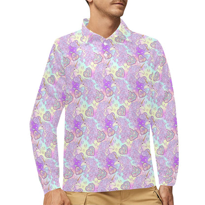 Unicorn Rainbow Star Heart Print Long Sleeve Polo Shirt For Men's