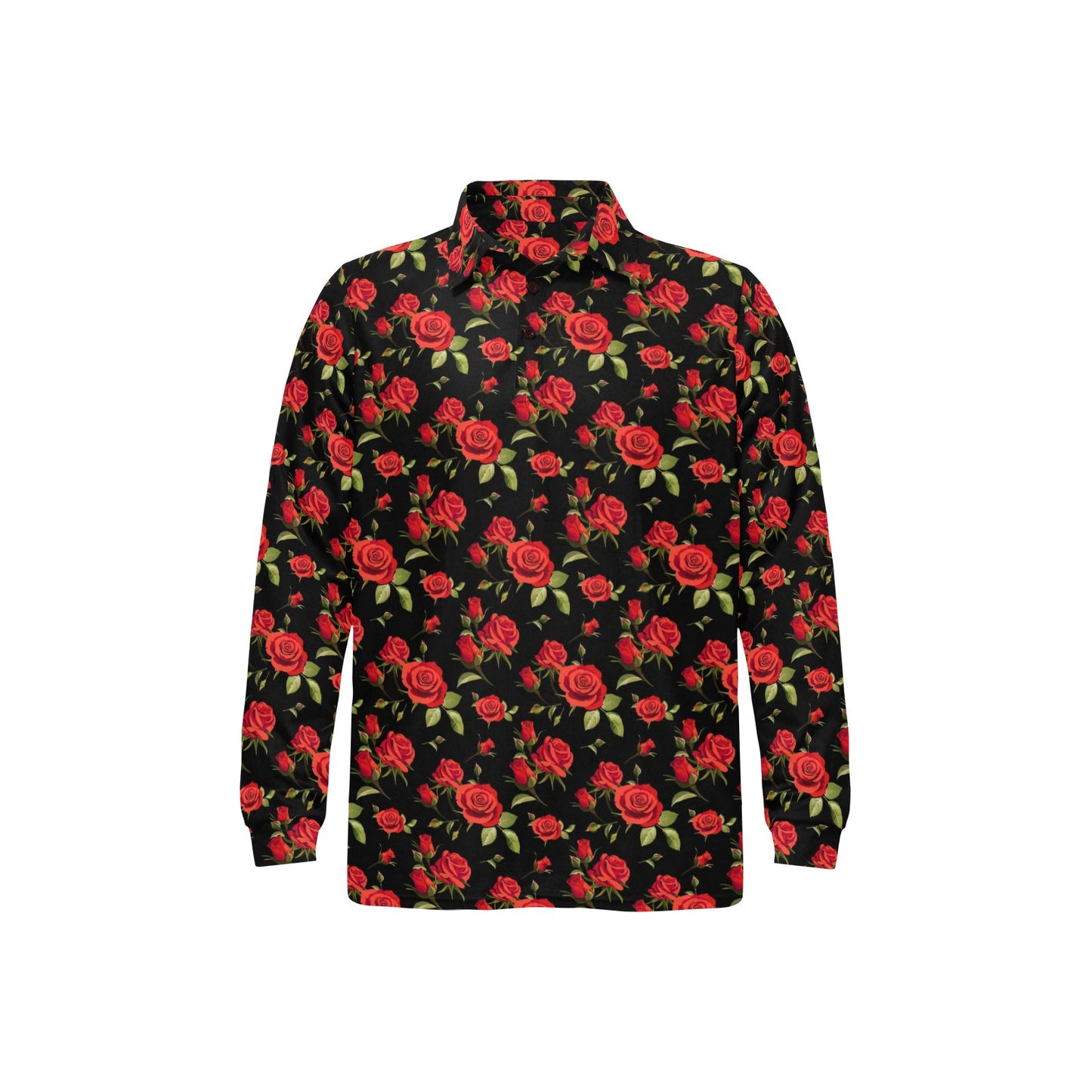 Red Rose Themed Print Long Sleeve Polo Shirt For Men's