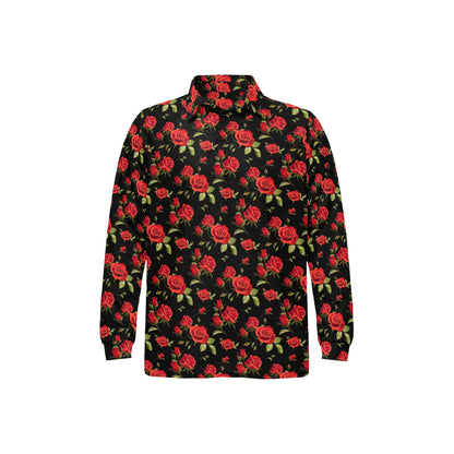 Red Rose Themed Print Long Sleeve Polo Shirt For Men's