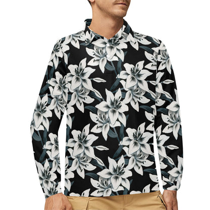 Lily Pattern Print Design 03 Long Sleeve Polo Shirt For Men's