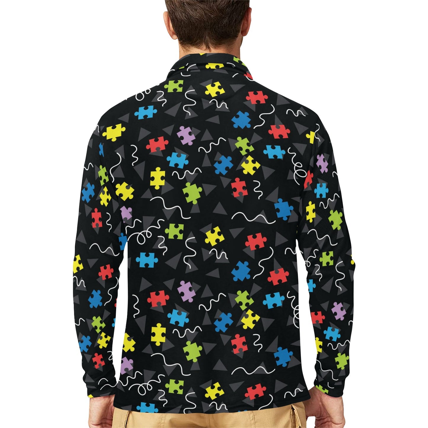 Autism Awareness Pattern Print Design 01 Long Sleeve Polo Shirt For Men's