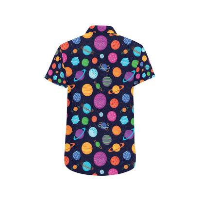 Planet Multicolor Print Design LKS302 Men Short Sleeve Button Up Shirt