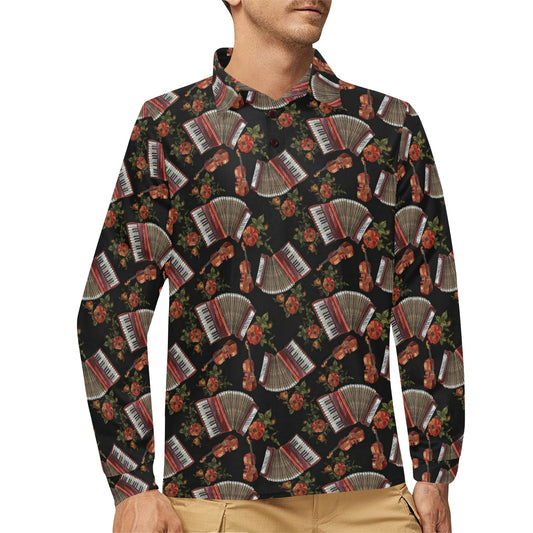 Accordion Print Design LKS403 Long Sleeve Polo Shirt For Men's