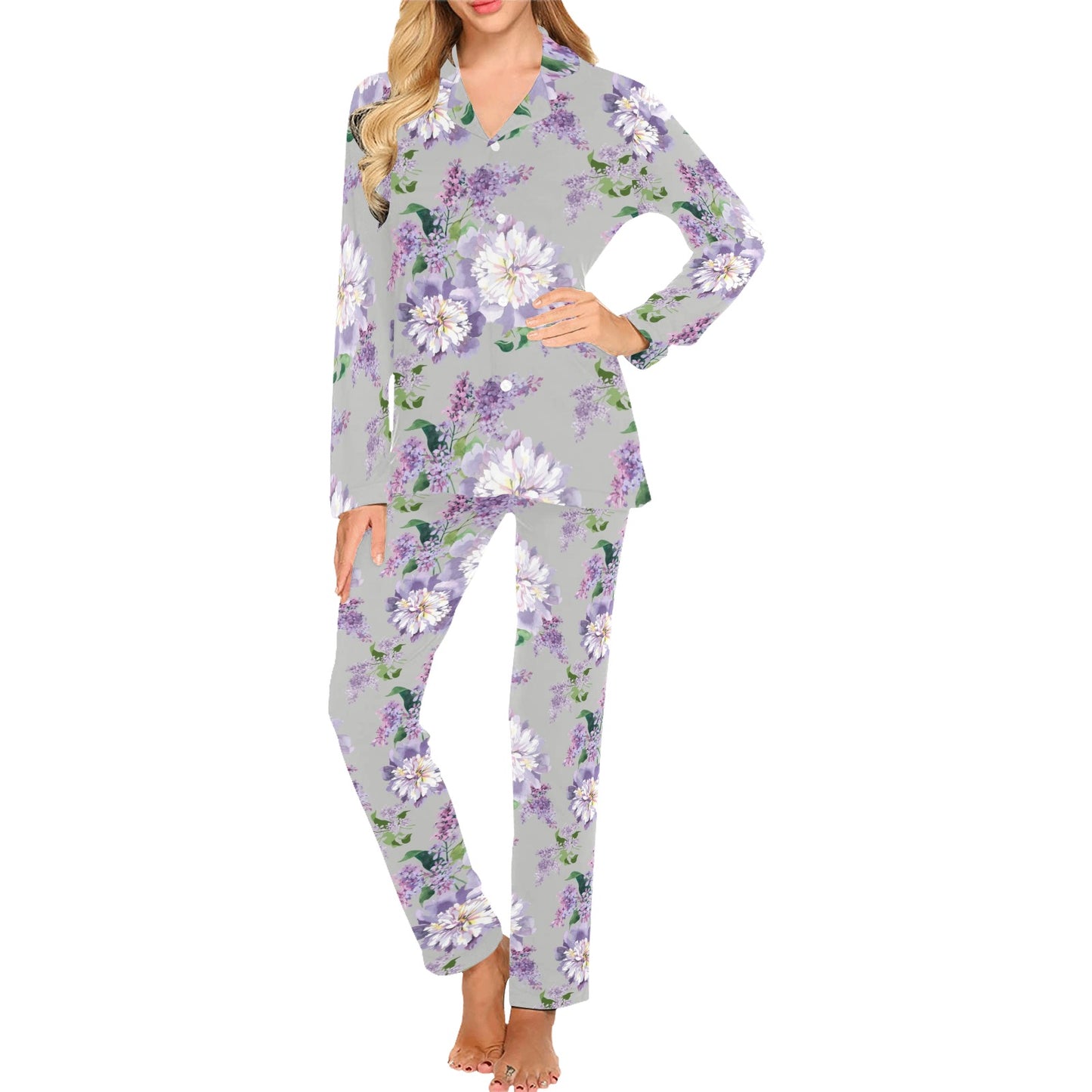 Lilac Pattern Print Design LI07 Women's Long Pajama Set