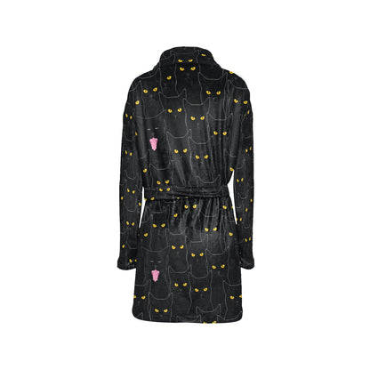 Black Cat Yellow Eyes Print Pattern Women's Fleece Robe