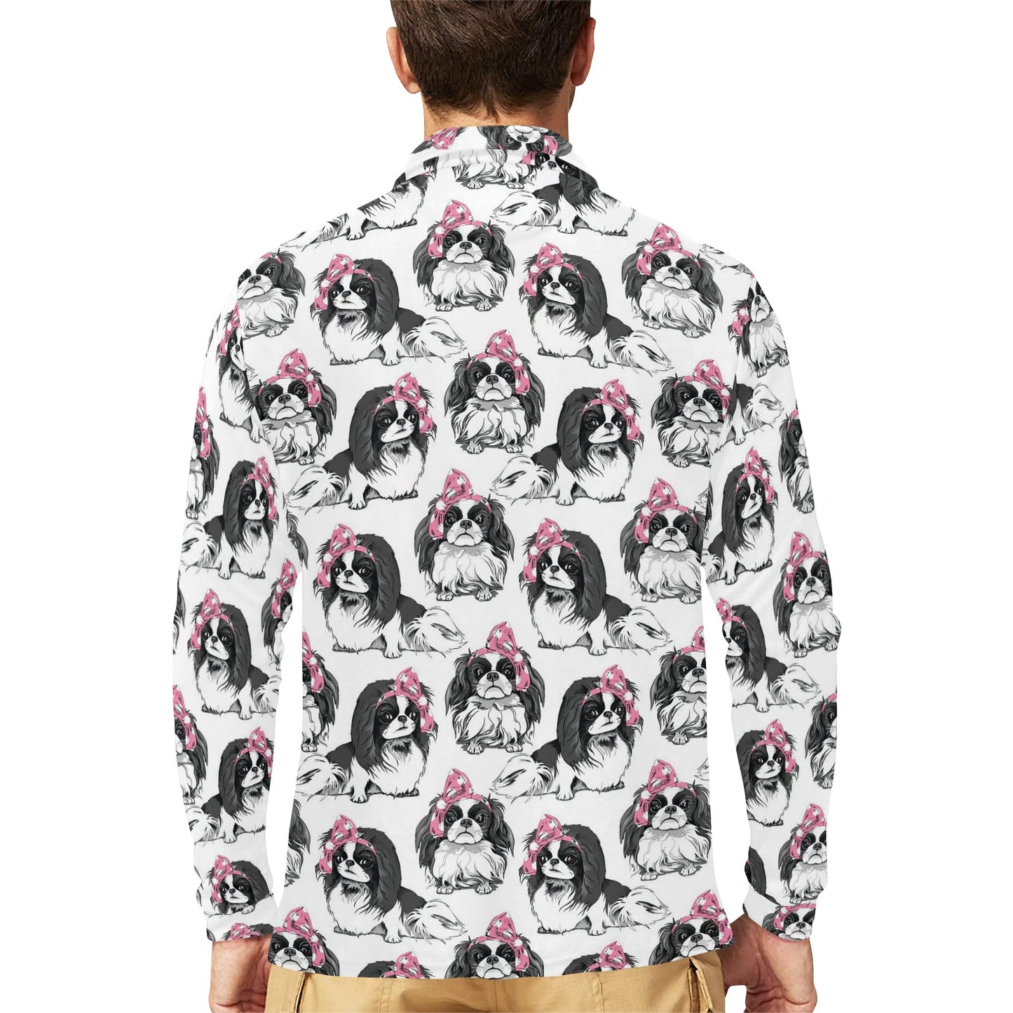 Japanese Chin Pattern Print Design 01 Long Sleeve Polo Shirt For Men's