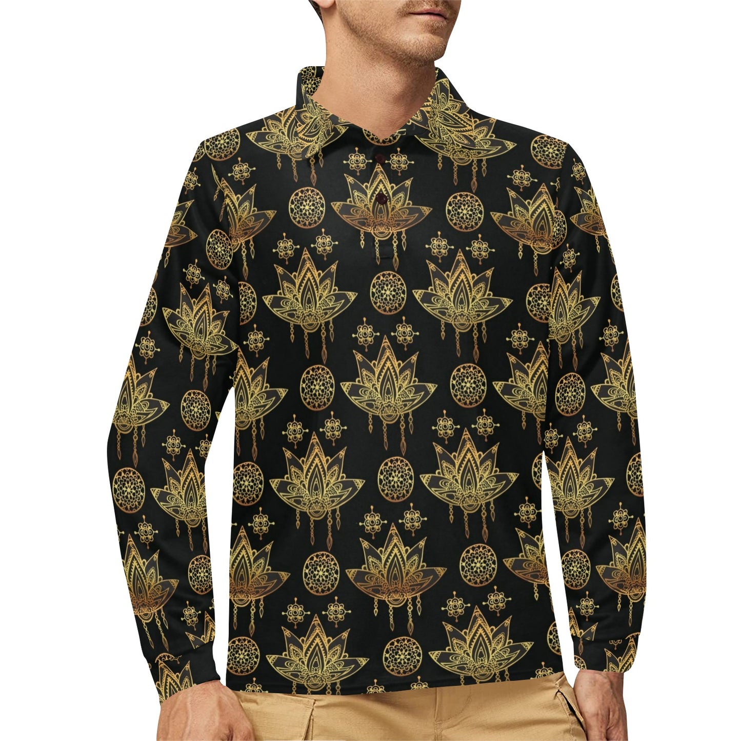 lotus Boho Pattern Print Design LO03 Long Sleeve Polo Shirt For Men's