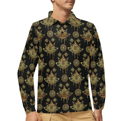 lotus Boho Pattern Print Design LO03 Long Sleeve Polo Shirt For Men's