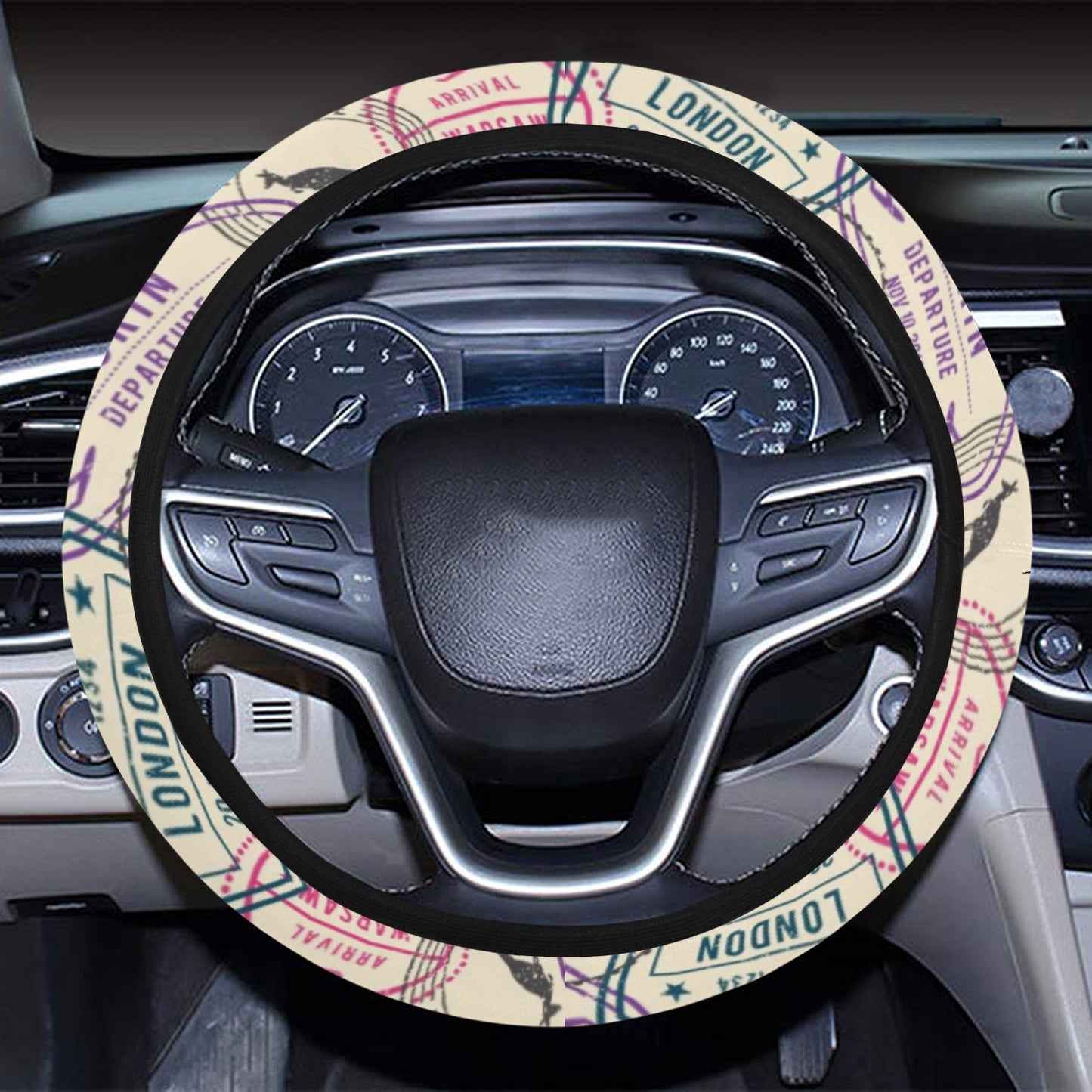 Travel Stamp Print Design LKS303 Steering Wheel Cover with Elastic Edge