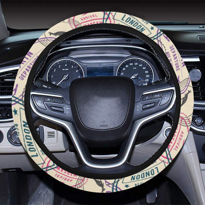 Travel Stamp Print Design LKS303 Steering Wheel Cover with Elastic Edge