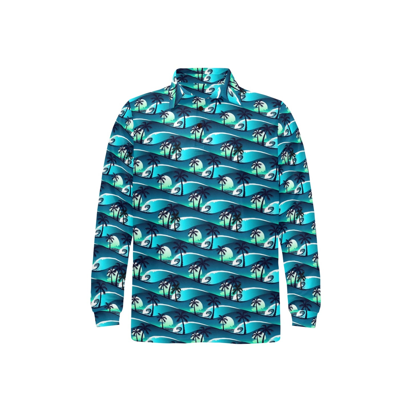 Beach Wave Design Print Long Sleeve Polo Shirt For Men's