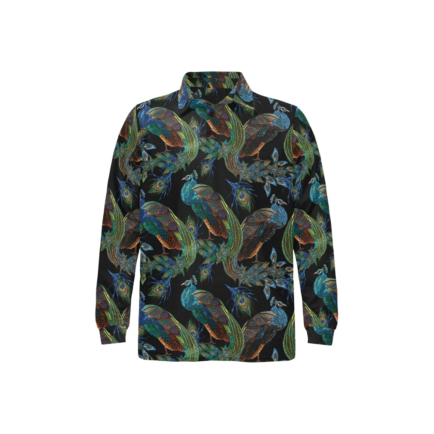 Peacock Pattern Print Design A04 Long Sleeve Polo Shirt For Men's