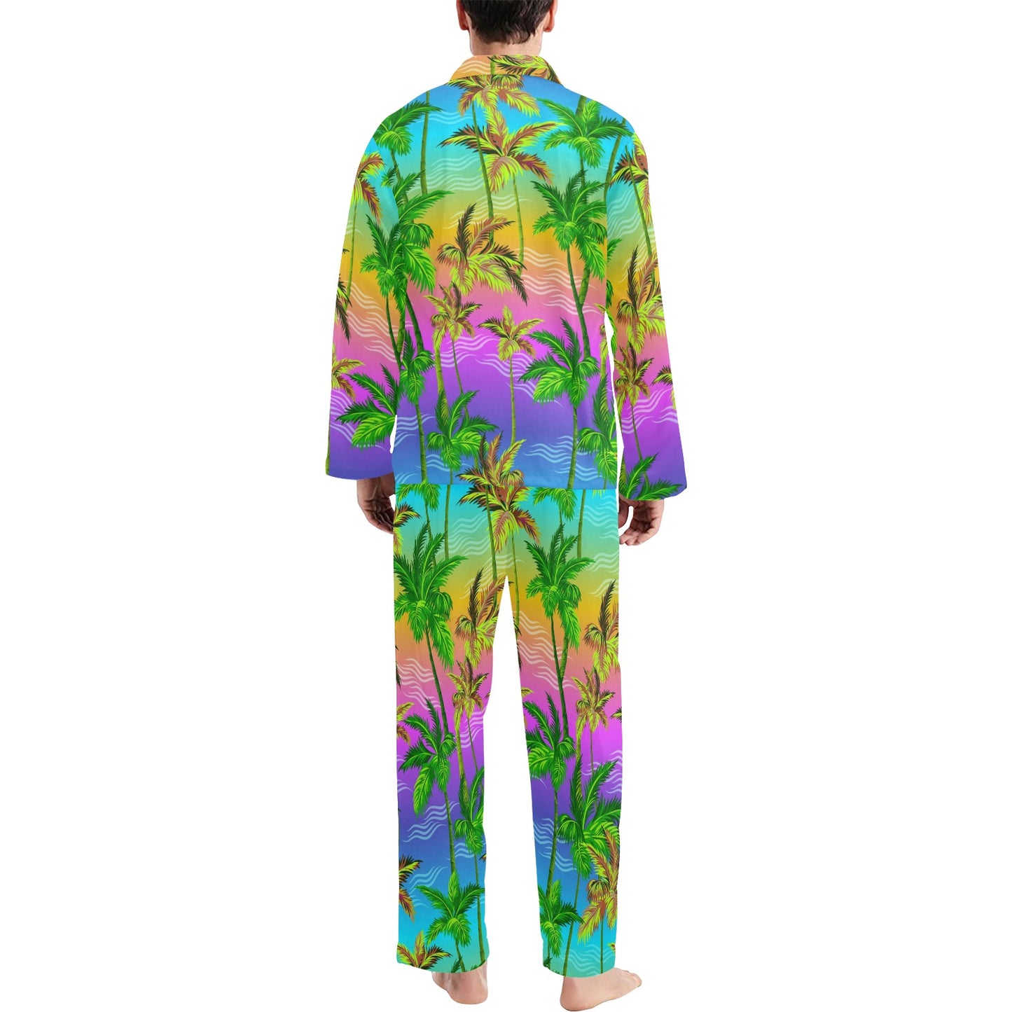 Palm Tree Rainbow Pattern Men's Long Pajama Set