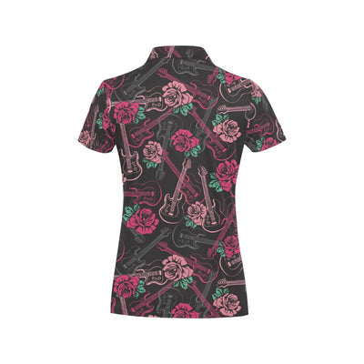 Bass Guitar Pink Rose Pattern Print Design 01 Women's Polo Shirt