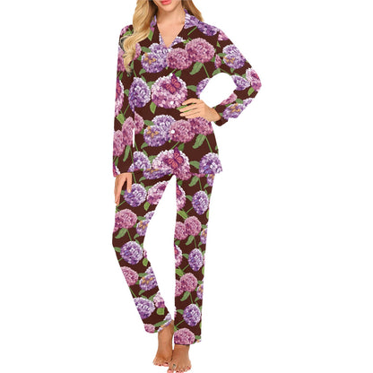 Hydrangea Pattern Print Design HD08 Women's Long Pajama Set