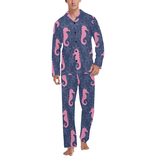 SeaHorse Pink Pattern Print Design 02 Men's Long Pajama Set