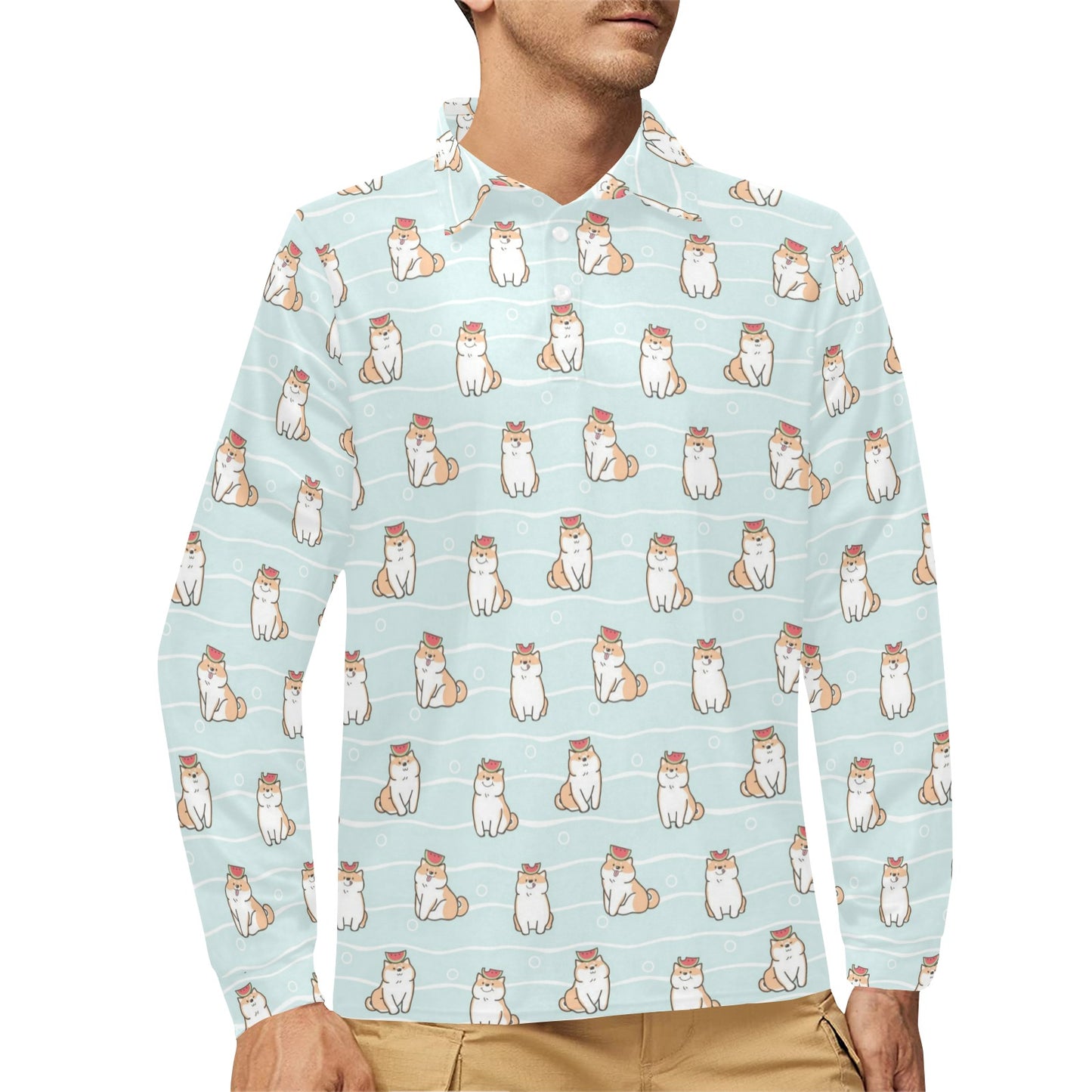 Shiba Inu Print Design LKS3011 Long Sleeve Polo Shirt For Men's