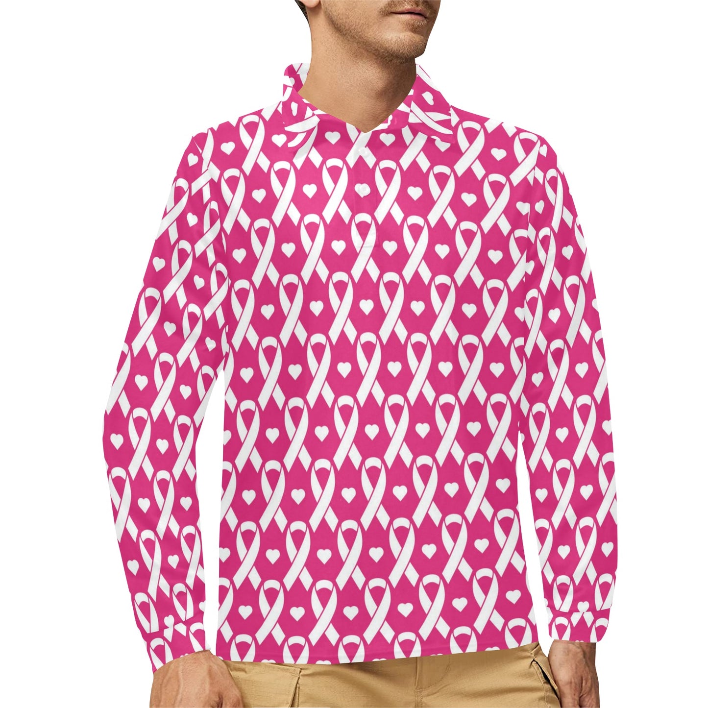 Breast cancer Pattern Print Design 05 Long Sleeve Polo Shirt For Men's