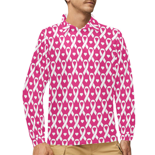 Breast cancer Pattern Print Design 05 Long Sleeve Polo Shirt For Men's