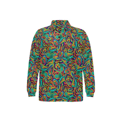 Psychedelic Trippy Floral Design Long Sleeve Polo Shirt For Men's