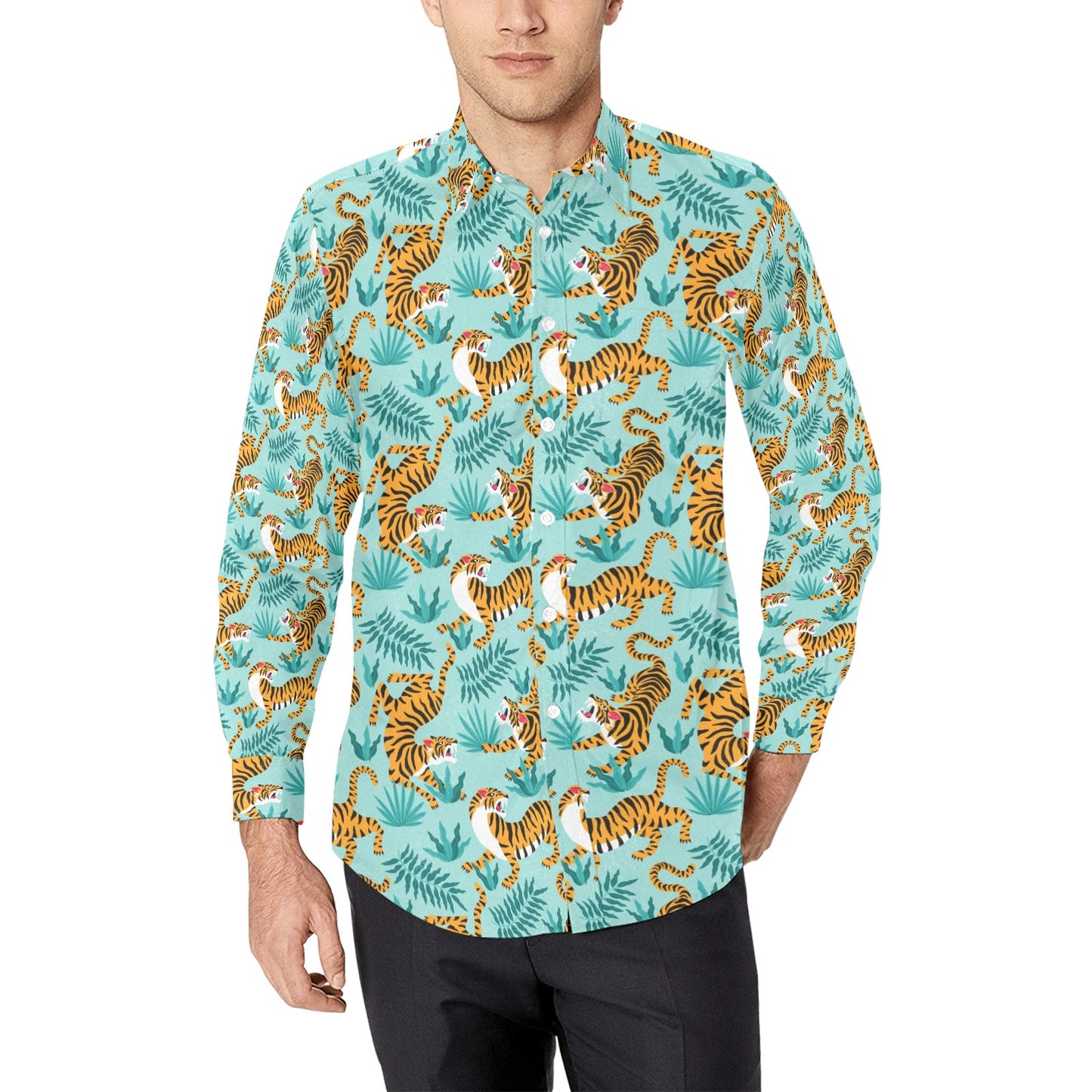 Tiger Print Design LKS304 Men's Long Sleeve Dress Shirt