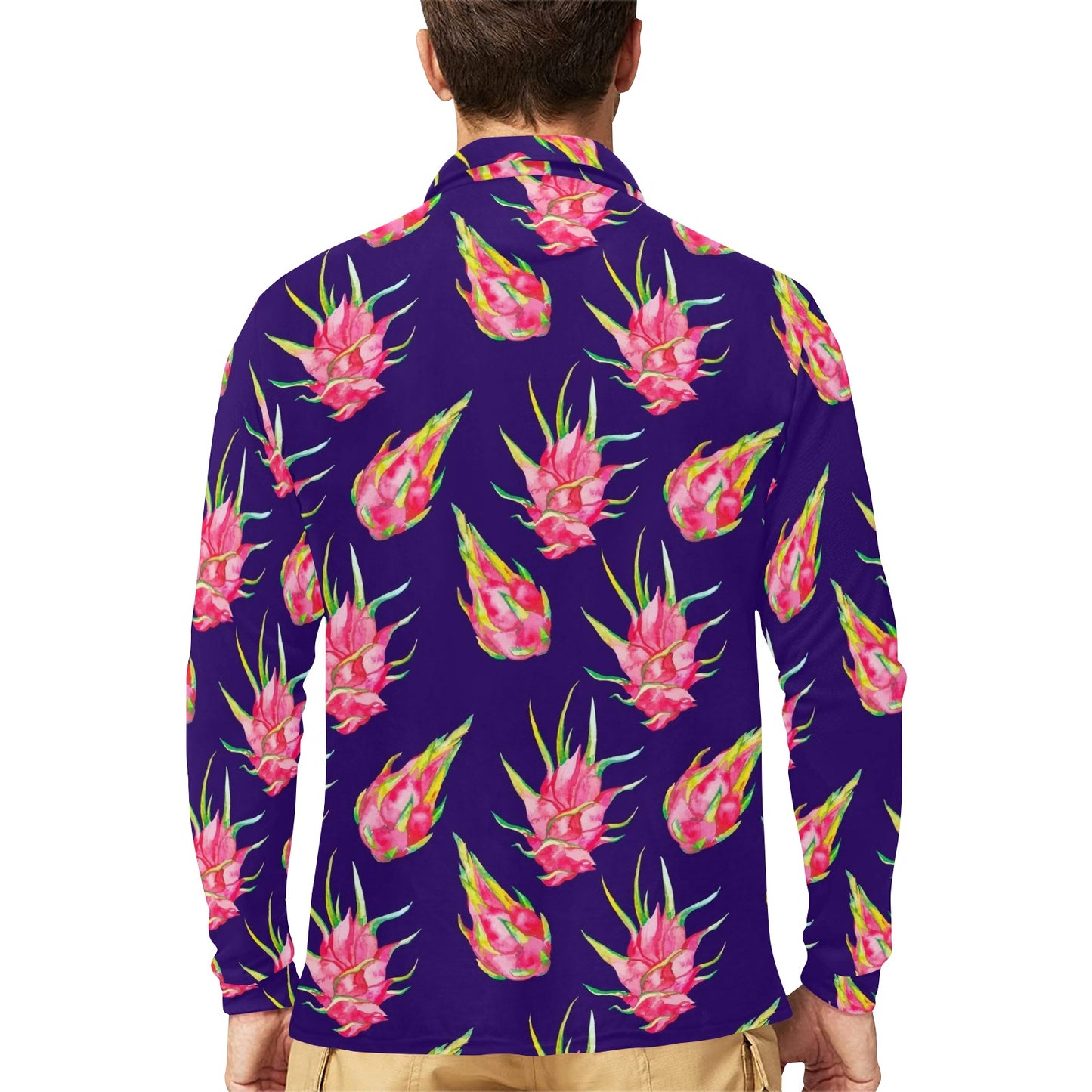 Dragonfruit Pattern Print Design DF02 Long Sleeve Polo Shirt For Men's