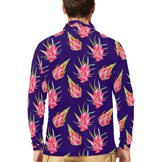 Dragonfruit Pattern Print Design DF02 Long Sleeve Polo Shirt For Men's
