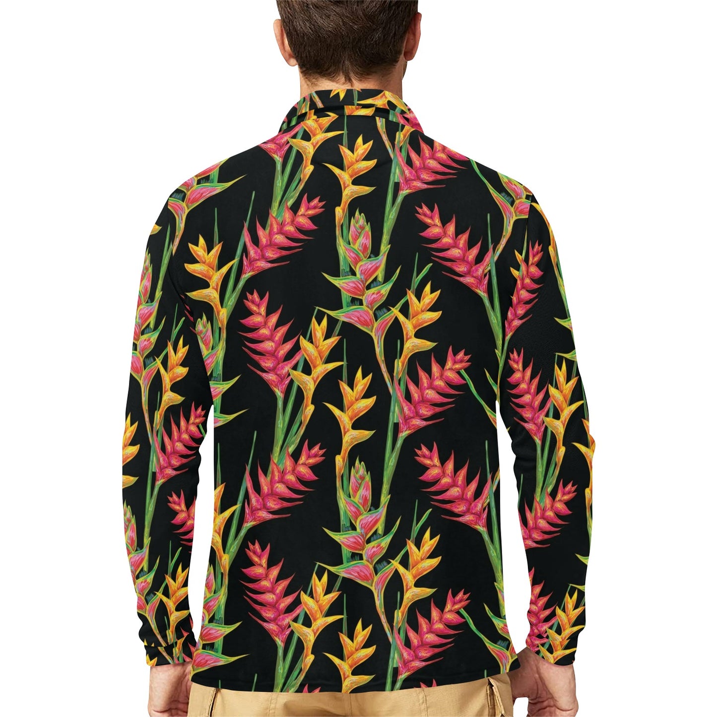 Heliconia Pattern Print Design HL01 Long Sleeve Polo Shirt For Men's