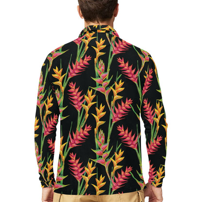 Heliconia Pattern Print Design HL01 Long Sleeve Polo Shirt For Men's
